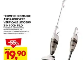 DPiù COMFEE CCS2160RE ASPIRAPOLVERE VERTICALE LEGGERO 3 IN 1 CON FILO offerta