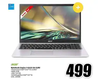 MediaWorld acer Notebook Aspire 3 A315-58-51RV offerta