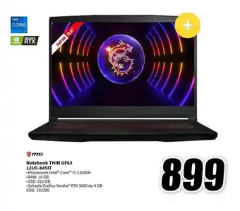 MediaWorld msi Notebook THIN GF63 12UC-845IT offerta