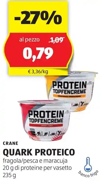 ALDI CRANE QUARK PROTEICO fragola/pesca e maracuja 20 g di proteine per vasetto 235 g offerta