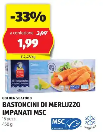 ALDI GOLDEN SEAFOOD BASTONCINI DI MERLUZZO IMPANATI MSC 15 pezzi 450 g offerta