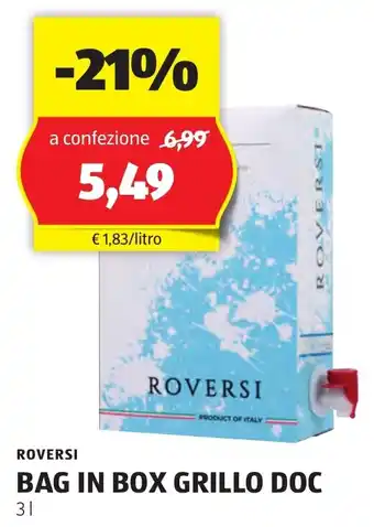 ALDI ROVERSI BAG IN BOX GRILLO DOC 3 l offerta