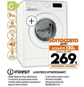 Expert Indesit MTWE 91284 W IT Lavatrice Caricamento Frontale 9 Kg 1200 Giri/min C Bianco offerta