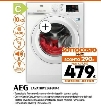 Expert Aeg L6FBI143 Lavatrice Libera Installazione Caricamento Frontale 10 Kg 1400 Giri/min A+++-30% Bianco offerta
