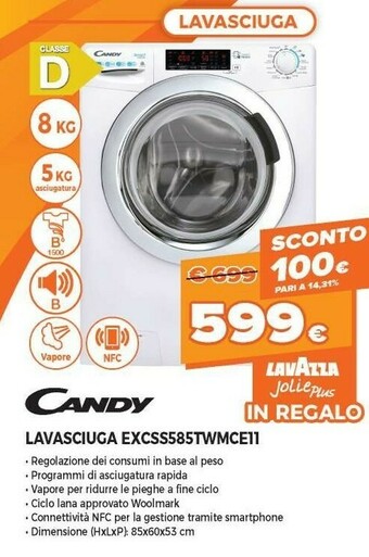 Expert Candy Smart Inverter EXCSS585TWMCE-11 Lavasciuga Libera Installazione Caricamento Frontale Bianco D offerta