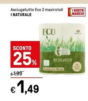 Iper La Grande I Naturale Asciugatutto Eco 2 Maxirotoli offerta