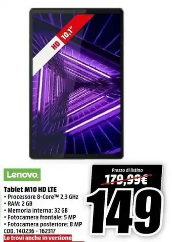 MediaWorld Lenovo Tablet android offerta