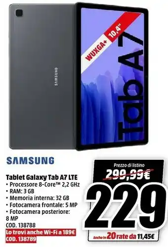 MediaWorld Samsung Galaxy Tab A offerta