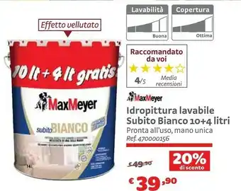 Maxmeyer Idropittura Lavabile Subito Bianco 10+4 Litri