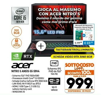 Expert Acer Nitro 5 AN515-55-59V4 Computer Portatile 39,6 Cm (15.6") Full HD Intel® Core™ I5 Di Decima Generazione 8 GB DDR4-SDRAM 5 offerta