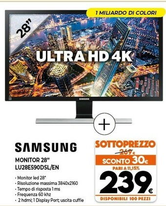 Expert Samsung LU28E590DS 71,1 Cm (28") 3840 X 2160 Pixel 4K Ultra HD LED Nero, Metallico offerta