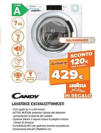 Expert Candy Smart Inverter EXCSS4127TWMCE11 Lavatrice Caricamento Frontale 7 Kg 1200 Giri/min A Bianco offerta