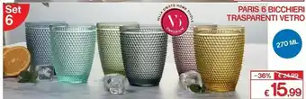 Satur Paris 6 Bicchieri Trasparenti Vetro 270 ML offerta