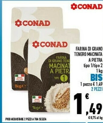 Conad Conad - Farina Di Grano Tenero Italiano Macinata A Pietra Tipo 2 1000 G(ml) offerta