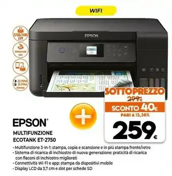 Expert Epson EcoTank ET-2750 Ad Inchiostro A4 5760 X 1440 DPI 33 Ppm Wi-Fi offerta
