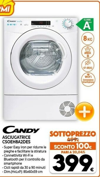 Expert Candy Smart Pro CSOE H8A2DE-S Asciugatrice Libera Installazione Caricamento Frontale 8 Kg A++ Bianco offerta