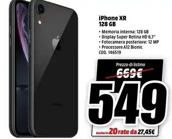 MediaWorld Apple IPhone XR 15,5 Cm (6.1") 128 GB Doppia SIM 4G Blu IOS 12 offerta