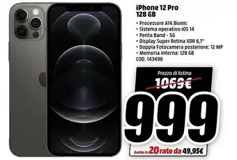 MediaWorld Apple IPhone 12 Pro 15,5 Cm (6.1") Doppia SIM IOS 14 5G 128 GB Oro offerta