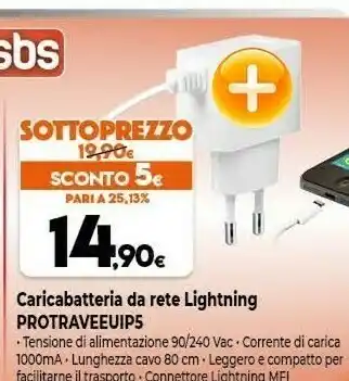 Expert Sbs Caricabatteria Da Rete Lightning offerta