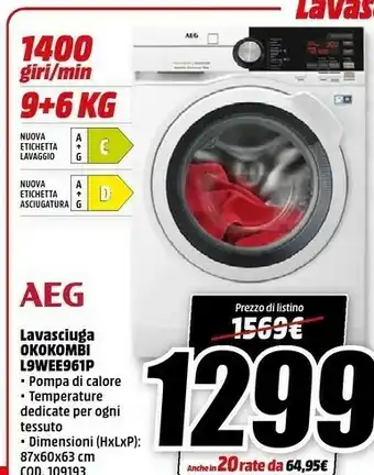 MediaWorld Aeg Lavasciuga Okokombi L9WEE961P offerta