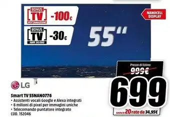 MediaWorld LG NanoCell 55NANO776PA TV 139,7 Cm (55") 4K Ultra HD Smart TV Wi-Fi Bianco offerta