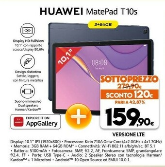 Expert Huawei MatePad T 10s 64 GB 25,6 Cm (10.1") Hisilicon Kirin 3 GB Wi-Fi 5 (802.11ac) EMUI 10.1 Blu offerta