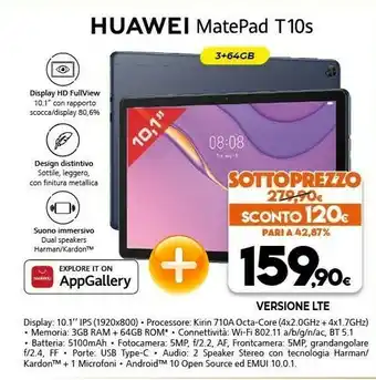 Expert Huawei MatePad T 10s 64 GB 25,6 Cm (10.1") Hisilicon Kirin 3 GB Wi-Fi 5 (802.11ac) EMUI 10.1 Blu offerta