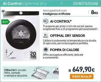 Unieuro SAMSUNG Ai-Control Optimal Dry DV80T5220AE offerta