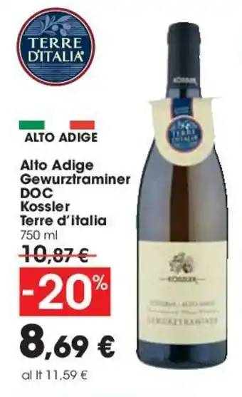 Carrefour Kossler Terre d'Italia Alto Adige Gewürztraminer DOC 750ml offerta