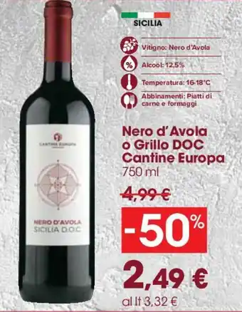Carrefour Cantine Europa Nero d'Avola o Grillo DOC 750ml offerta