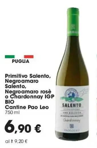 Carrefour Cantine Pao Leo Primitivo Salento, Negroamaro Salento, Negroamaro rosè o Chardonnay IGP Bio 750ml offerta