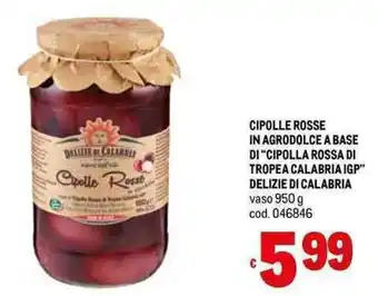 Metro CIPOLLE ROSSE IN AGRODOLCE A BASE DI "CIPOLLA ROSSA DI TROPEA CALABRIA IGP" DELIZIE DI CALABRIA vaso 950 g offerta