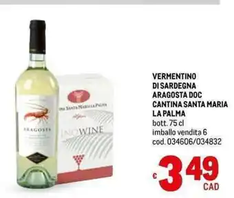 Metro VERMENTINO DI SARDEGNA ARAGOSTA DOC CANTINA SANTA MARIA LA PALMA bott. 75 cl offerta