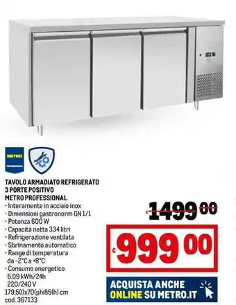 Metro TAVOLO ARMADIATO REFRIGERATO 3 PORTE POSITIVO METRO PROFESSIONAL offerta