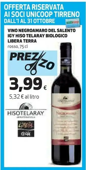 Coop Libera terra Vino Negroamaro Del Salento Igy Hiso Telaray Biologico offerta