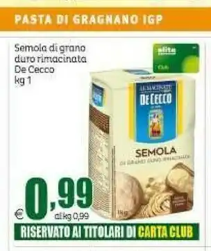 Elite De Cecco Semola Di Grano Duro Rimacinata offerta