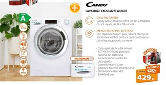 Expert Candy Smart Inverter EXCSS4127TWMCE11 Lavatrice Caricamento Frontale 7 Kg 1200 Giri/min A Bianco offerta