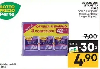 Pam ASSORBENTI SETA ULTRA LINES con ali 42 pezzi notte 30 pezzi lungo 34 pezzi offerta
