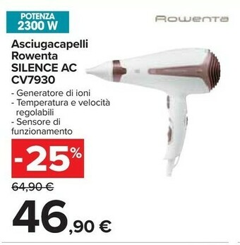 Carrefour Rowenta CV7930 Silence AC Sensor Premium Care Asciugacapelli Silenzioso, 2300 W, Con Generatore Di Ioni, Diffusore E Sensore offerta