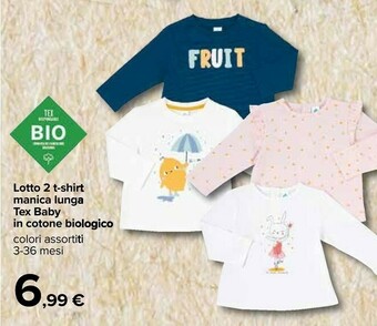 Carrefour Tex baby Lotto 2 T-shirt Manica Lunga In Cotone Biologico offerta