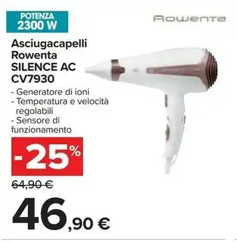Carrefour Rowenta CV7930 Silence AC Sensor Premium Care Asciugacapelli Silenzioso, 2300 W, Con Generatore Di Ioni, Diffusore E Sensore offerta
