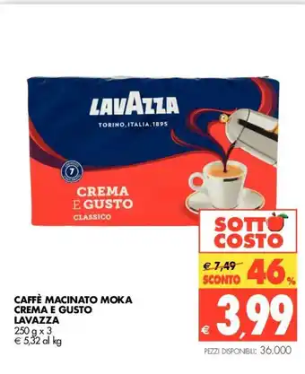 Tigros Lavazza Caffè Macinato Moka Crema E Gusto 250 g x 3 offerta