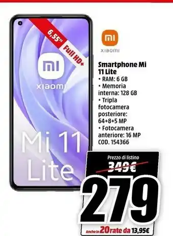 MediaWorld Xiaomi Mi 11 Lite Smartphone 6.55'' 6gb 128gb offerta