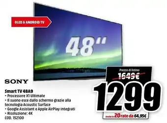 MediaWorld Sony KE-48A9 - TV OLED 48 Pollici, Android Tv 4K HDR Ultra HD Con Processore X1 Ultimate E Acoustic Surface Audio (modello 20 offerta