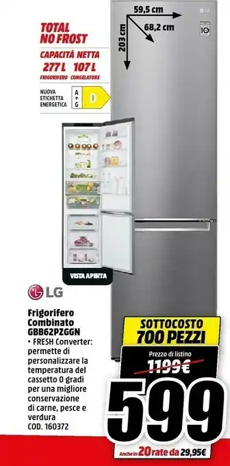 MediaWorld LG GBB62PZGGN Frigorifero Con Congelatore Libera Installazione 384 L D Acciaio Inossidabile offerta