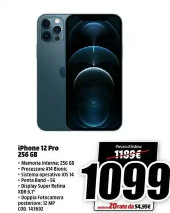 MediaWorld Apple IPhone 12 Pro 15,5 Cm (6.1") Doppia SIM IOS 14 5G 256 GB Oro offerta