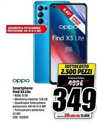 MediaWorld Oppo Find X3 Lite 16,3 Cm (6.4") Doppia SIM ColorOS 11.1 5G USB Tipo-C 8 GB 128 GB 4300 MAh Blu offerta