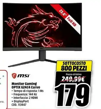 MediaWorld Msi Optix G24C4 59,9 Cm (23.6") 1920 X 1080 Pixel Full HD LED Nero offerta