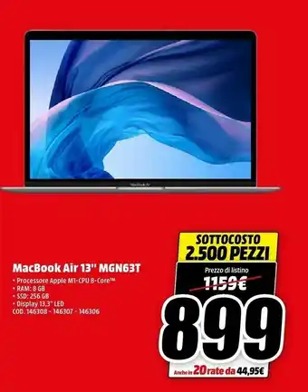 MediaWorld Apple MacBook Air 13" (Chip M1 Con GPU 7-core, 256GB SSD, 8GB RAM) - Argento (2020) offerta