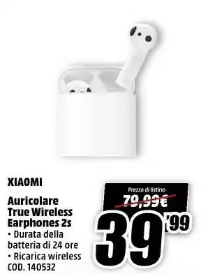 MediaWorld Xiaomi Mi True Wireless Earphones 2 Cuffia Auricolare Bianco offerta